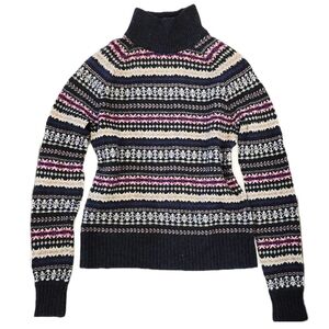[SOLD] J.Crew Women's XS Wool Fair Isle Mockneck Navy Blue, Pink Nordic Scandi